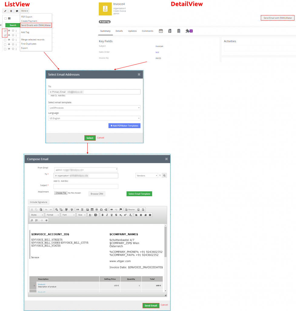 or more records and click on  send emails with email maker from